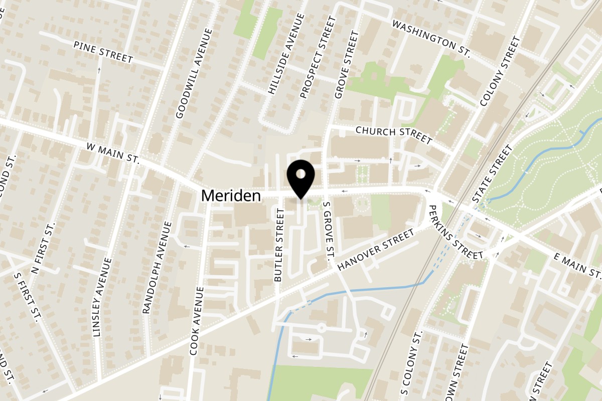 Map showing the location of Sazon con fuego on 82 W Main St in Meriden